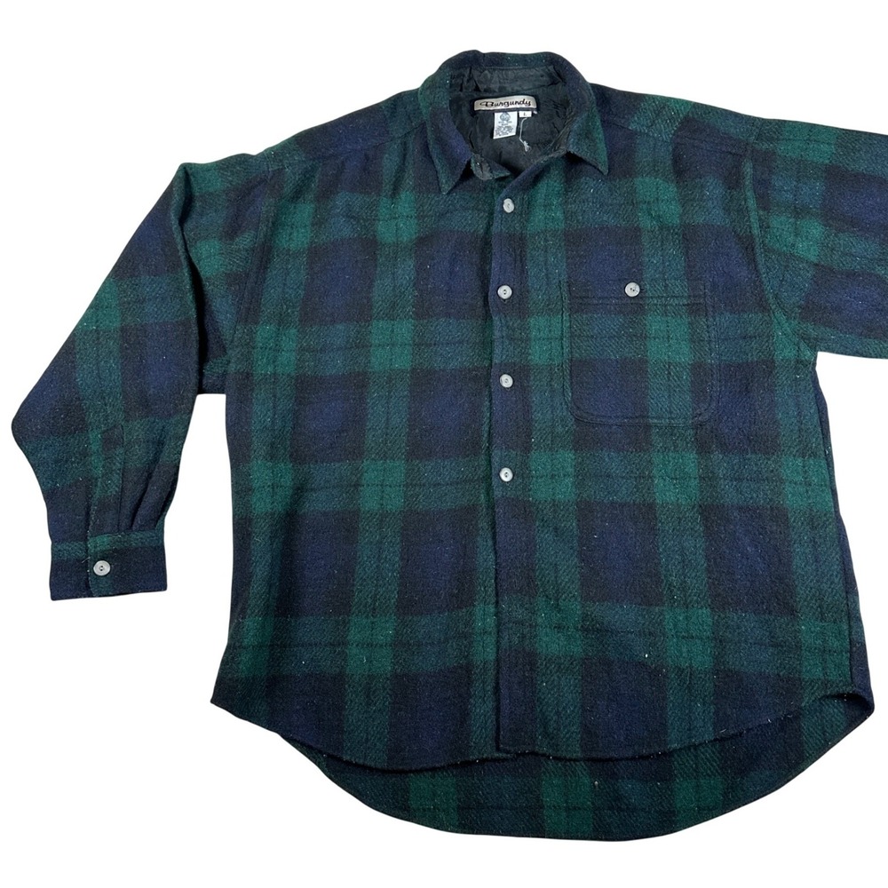 Vintage Mens Wool Blend Plaid Flannel Shirt Green‎ Navy Buffalo Check Large